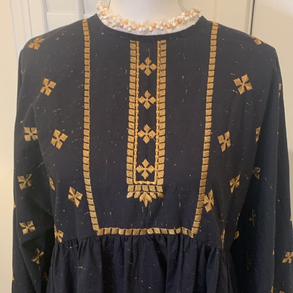 Pakistani Sapphire cotton black with golden embroidery kurta w/kimono sleeves M - Picture 2 of 6